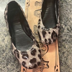 Tory Burch patented leather animal print flats